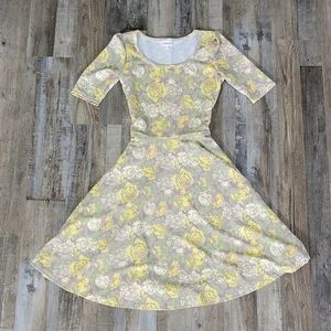 Lularoe Nicole Size Medium Yellow Green Beige Floral Dress
